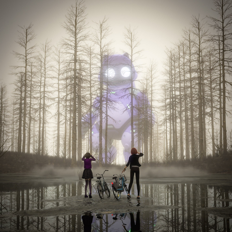 Two people with bicycles face an enormous glowing purple/white giant figure with a distinct cat-like appearance towering in a foggy forest