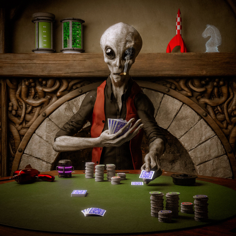 A gray alien creature waering black shirt and red vest  smoking a cigar sits at a poker table dealing cards, with stacks of chips on the green felt table
