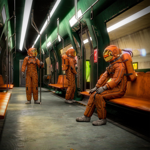 Three astronauts in orange suits are seated inside a subway train with green-lit curved interiors
