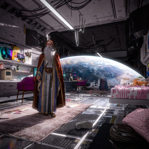 A mage in ornate robes stands in a living room of a space station with Earth visible through the window in orbit