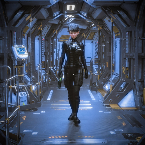 An asian girl in tactical gear walks through a blue-lit industrial sci-fi corridor