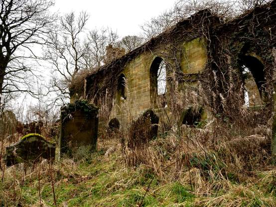 A ruined church with old graveyard, you can see one wall of the church with it's empty windows, over gravestones which are disappearing underneath vegetation.