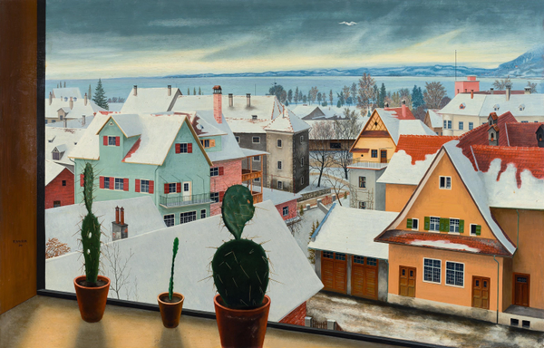 A winter landscape featuring colorful houses with snow-covered roofs viewed from a window. Three potted cacti are prominent in the foreground, with a serene lake and mountains in the background under a cloudy sky.