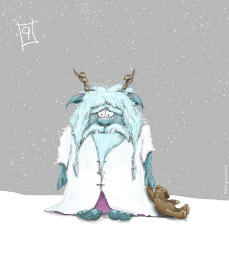 Zeichnung im Comic-Stil vor grauem Hintergrund. Ein etwas grummelig wirkender Yeti mit eisblauen Haaren, eingedrehten Hörnern, weißem Gewand und gedrungenem Körperbau steht im Schnee. Er schleift einen braunen Teddybär in der linken Hand mit sich, während es um ihn herum schneit. Oben im Bild steht eine weiße 9.