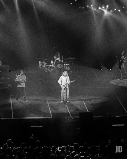 Fotografía en blanco y negro que captura una actuación musical en directo desde la perspectiva del público.
• En el escenario, hay varios músicos bajo una intensa iluminación de focos. El músico central toca una guitarra eléctrica y lleva una falda o un vestido largo. Detrás de él, se ve a un baterista. Se aprecian al menos dos personas más a los lados del escenario.
• La atmósfera es dramática y de concierto, con rayos de luz que cortan la oscuridad y un efecto de niebla o humo.
• En la parte inferior, se distingue claramente la silueta de una gran audiencia.
En resumen, es una toma artística de un concierto de rock o pop con un enfoque en los artistas en el escenario.