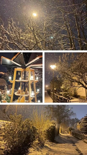 A collection of four images depicting a snowy night scene. The top left shows snow falling through bare tree branches illuminated by a streetlight. The top right features a snow-covered house and a lit pathway. The bottom left shows a candle holder with lit candles