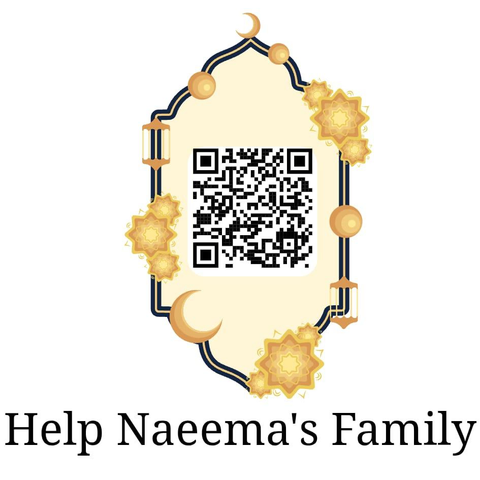 An image featuring a QR code within a decorative, cream-colored frame adorned with gold embellishments, including crescent moons, lanterns, and floral designs. The frame surrounds the QR code, with the phrase "Help Naeema's Family" written in a bold, black serif font below.

note: the visual was created by a friend of the family