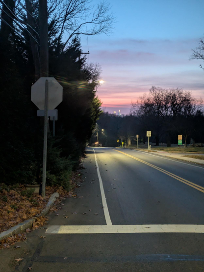 Photo that looks down a small road with a double yellow line down the center toward the brightening horizon. There, above a dark line of trees, are the lights of a few tall skyscrapers, with streaks of purple, pink and orange across the sky behind them. There are dark silhouettes of trees on both sides of the road leading to the foreground, and a number of traffic signs.