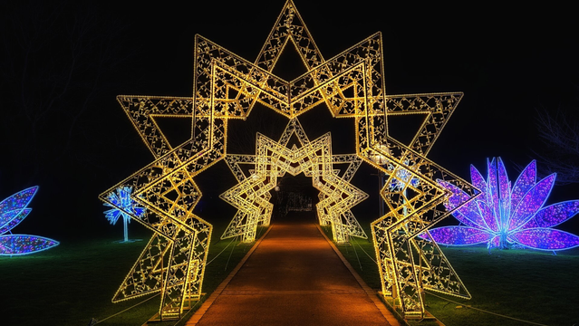 A stunning night-time view of a large, illuminated tunnel made of multiple golden, geometric star shapes arching over a paved pathway. The intricate lattice structure of the stars glows warmly against the pitch-black sky. To the right, a large, vibrant purple and blue light sculpture resembles a blooming lotus flower, while a smaller blue light feature is visible on the left.