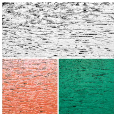 A collage composed of three distinct sections, all featuring the exact same texture of rippled water but presented in different colors. 

The texture is a high-contrast photograph of a water surface disturbed by a gentle breeze, creating horizontal, rhythmic wavelets.

Taking up the top half of the image is a wide rectangular panel in black and white. The bottom left quarter shows the same water texture colored in a monochromatic salmon orange. The bottom right quarter shows the texture colored in a rich emerald green.