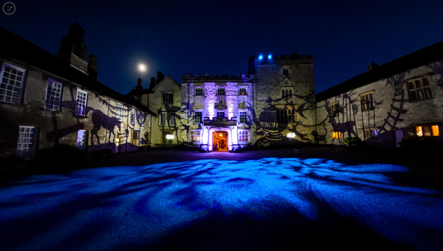 nightime shot of xmas light display across front of historic house