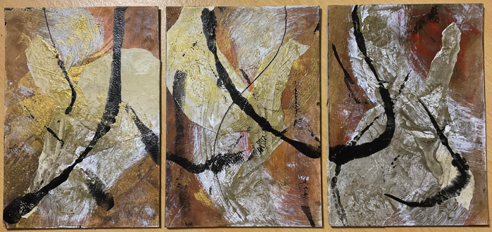 Three separate 5-sized abstract collage paintings, featuring layers of gold, bronze and cream gel plate papers torn then layered on original gel plate prints, embellished with gold, bronze, titanium white and Mars black acrylic paint.