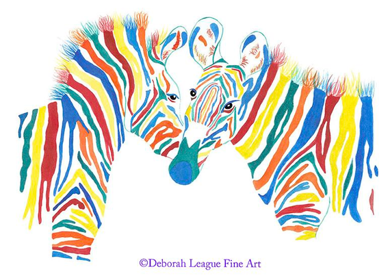 Two colorfully striped zebras stand nose to nose in this abstract watercolor painting on white.

Zebras are a species of wild horses living originating in Africa. The animals live in a haram, called a dazzle, and travel in large herds across south and east Africa.The term dazzle refers to a unique phenomenon called “motion dazzle”, an optical illusion that occurs when groups of zebra move quickly together. Their pack behavior has developed as a way to protect members from the many predators they face in day to day life. Despite heroic efforts, the animal has not been successfully domesticated.