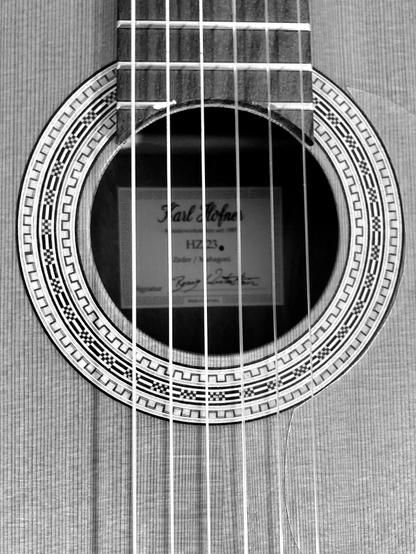 Detail of a wooden guitar body. The sound hole is decorated with fine geometric inlays. The neck of the guitar with the fingerboard begins at the top of the hole, and six strings run across the soundhole.  
A manufacturer's certificate is affixed to the bottom of the sound hole. 
It says:
Karl Höfner
-Meisterwerkstätten seit 1887-
HZ 23
Zeder / Mahagoni
Signatur: Benny Winterstein
Made in Germany
  //
Karl Höfner
-Master Workshops since 1887-
HZ 23
Cedar / Mahogany
Signature: Benny Winterstein
Made in Germany