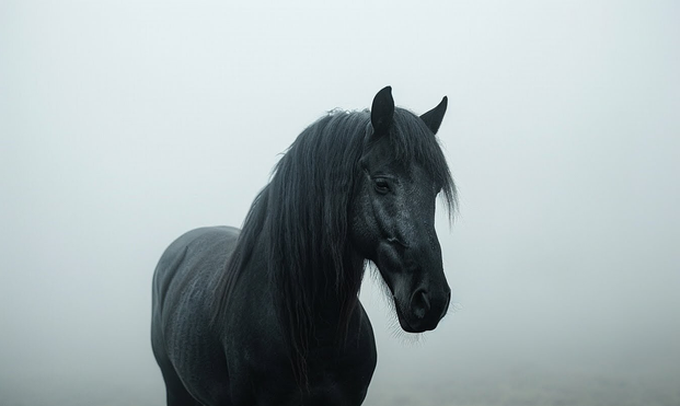A color photo showing a black horse surrounded by fog.