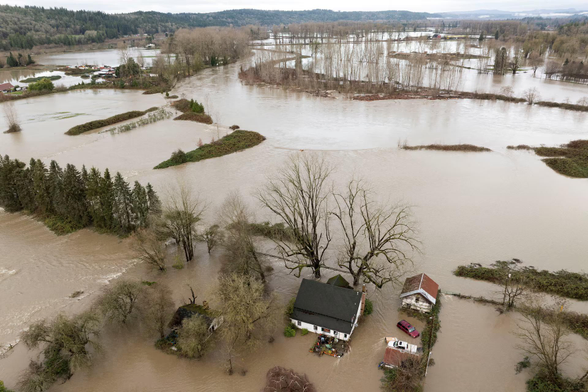 A drone view shows an area flooded by the Snoqualmie River.