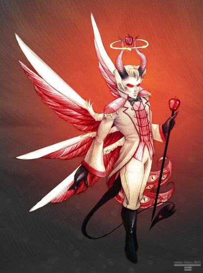 Lucifer Morningstar in his king of hell/demon form with 6 red and white wings and a demon tail. He is in 3/4 view and standing, holding his apple staff in one hand.