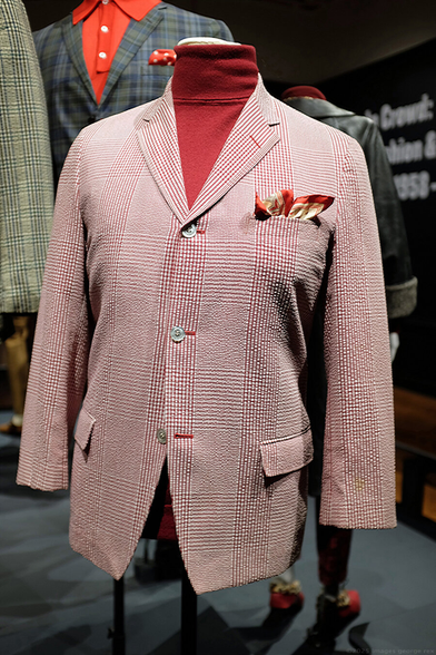 Red-and-white check jacket by Bloomingdales, 1960-2. Ivy League style 3-button, with paisley pocket handkerchief and burgundy turtleneck.