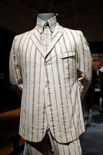 Tailoring house: John Stephen (1934-2004) of Carnaby Street. Cream, brown-and-white striped suit in seersucker cotton with coordinated button-down shirt.