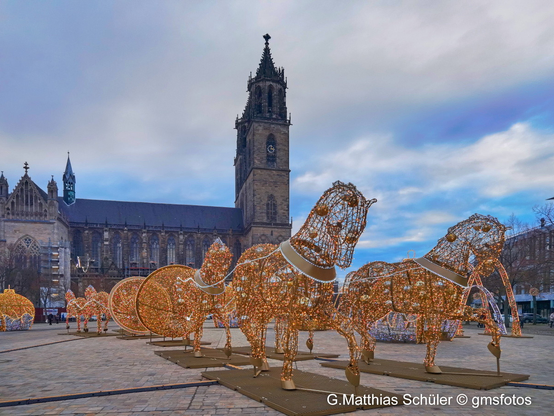 Lichterwelten auf dem Domplatz in Magdeburg - erinnert an Otto von Guerickes Experimente zum Luftdruck mit den Magdeburger Halbkugeln.