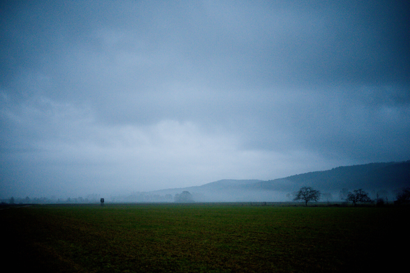 ein Jägerstand verloren auf einer Wiese. Nebel. Vereinzelt Bäume. Hügel im Hintergrund. Bewölkung. Strucktur in den Wolken.