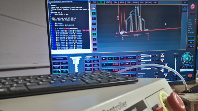 Inkscape gCODE tools exported design loaded into LinuxCNC. Screenshot and CNC controller with the keyboard of Raspberry Pi