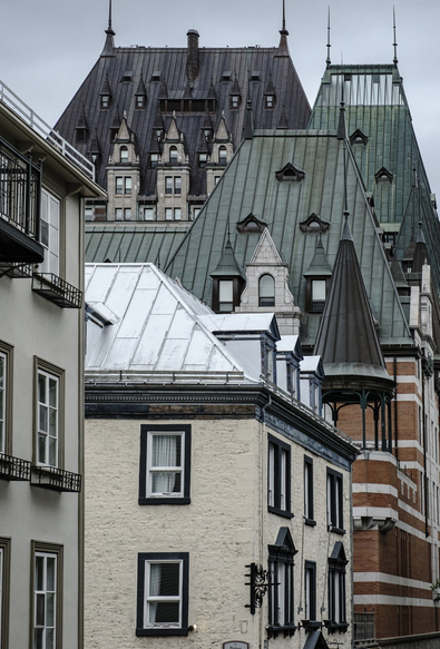 Compressed perspective of layers of multiple old buildings in the heart of the old quarter of Quebec City, Canada