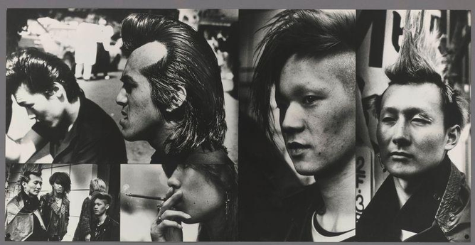 The image is a composite of four black and white photographs, possibly from a magazine spread or an album. Each photograph captures different individuals with distinctive hairstyles associated with subcultures like punk rock.

On the top left, there's a close-up portrait of a person with slicked-back hair that seems to be gelled up, giving it volume on either side. The background is indistinct but suggests outdoor lighting conditions. In contrast, the top right photo shows another individual with short, spiked hair and visible tattoos around their neck, indicating a possible interest in alternative or countercultural symbols.

The bottom left photograph features two individuals standing close together; one appears to be wearing sunglasses and has wild, tousled hair while the other sports an intense gaze. Both are dressed casually but not necessarily in punk attire—there's no clear indication of specific punk fashion elements like chains or leather jackets here.

On the bottom right, there is a more head-on shot with another person who seems to have straightened back hair and possibly stubble on their face, which along with intense eyes suggests a rebellious look. This individual also has pierced ears and appears to be wearing earrings that could signify personal expression through adornment.

The overall aesthetic of the photos—monochromatic tones, high contrast, candid p [...]