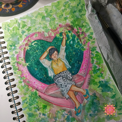 Watercolor painting of a femme person in a yellow top, light white jacket and long black and white skirt sitting and stretching inside a heart-shaped wooden seat frames by lush green foliage. Painted by the artist Dhiyanah Hassan.