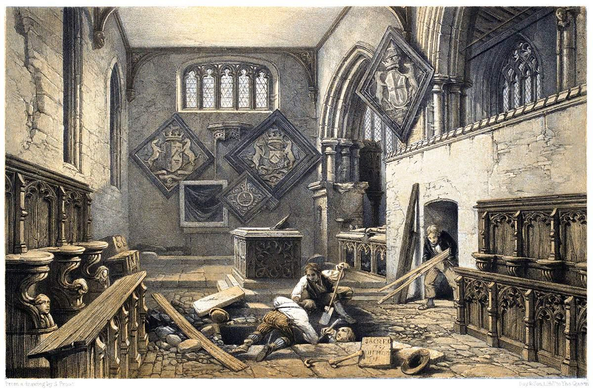 Color lithotint depicting the interior of St Nicholas Church in Arundel, seemingly created during the restoration works that took place in the mid-nineteenth century. 