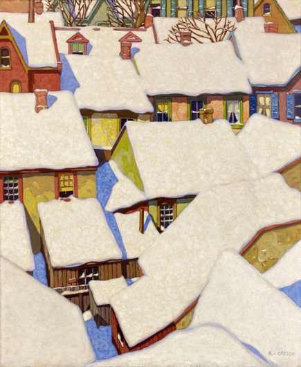 An overhead view of snow-covered rooftops in a winter landscape. The houses feature a variety of colors, with green, red, and yellow tones visible beneath the white snow. Snow blankets the roofs, and some trees are visible in the background.