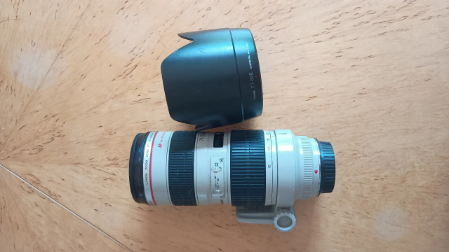 A Canon EF 70-200 f/2.8L (non-IS) on a birch table top with a 83II hood.