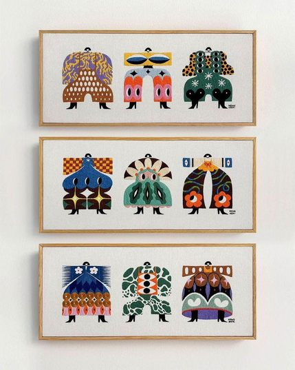 Three framed textile art pieces feature colorful, stylized figures in vibrant patterns, showcasing whimsical and abstract designs.