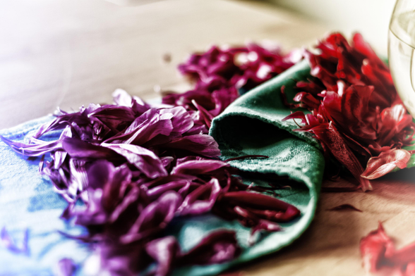 a turquoise cloth napkin folded and rolled nicely to a shape of an "S", around it are red and purple flower petals spread on a wooden table. 