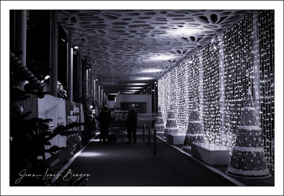 A long, narrow corridor stretches away toward a distant, dim end, rendered in stark black-and-white. On the right, a row of round columns is draped in a curtain of tiny lights; their bulbs form a delicate, shimmering wall that softens the hard geometry of the space. The left side is darker, lined with planters and vertical structural elements that recede into shadow, giving the scene a feeling of depth and contrast.
The ceiling is a striking element: a patterned, perforated surface whose repeating organic shapes throw mottled shadows and highlights into the frame. The pattern mirrors the rhythm of the columns below, creating a visual cadence that pulls the eye along the corridor to a vanishing point just beyond two small, silhouetted figures. Those figures are anonymous shapes—two people caught in profile—adding a human scale without distracting from the architectural drama.
Reflections and glows on the polished floor pick up the light curtain’s sparkle, turning the ground into a subtle, textured mirror. The overall monochrome treatment emphasizes texture and line over color, making the twinkling lights read as points of brightness against deep blacks and soft grays. The scene feels simultaneously festive and hushed, like an after-hours celebration paused in a moment of quiet.
Framing and composition are deliberate: the columns and ceiling patterns create strong leading lines, and the open negative space on the left balances the busy light on the right. 