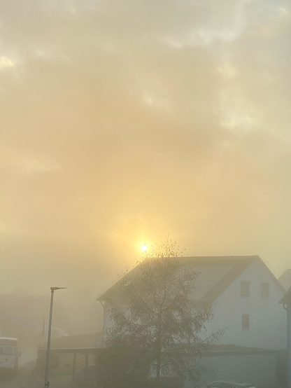 Sonne bemüht sich den dichten Nebel zu durchdringen. Sie steht über ein Hausdach in einer Wohnstraße, alles sieht milchig  grau aus.