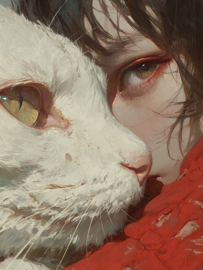 A close-up, painting-like illustration of a person's face next to a white cat's head. The person has dark hair and a serious expression, with only one eye visible, and is wearing something red. The cat's yellow-green eye is visible, and the cat is pressed closely against the person's face.