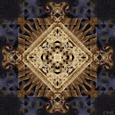 Kaleidoscope- or mandala-like square image in shades of gold, black and dark blue. Some golden structures form a bright square within a darker one. 