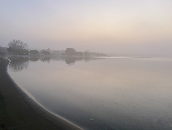 A serene scene featuring a misty landscape at dawn, with the fog over a calm body of water. Silhouetted trees and cabins line the shore, and rocks can be seen along the water's edge. The atmosphere is tranquil.