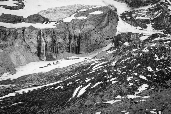 Glaciers and a waterfall on Wilson Gully in Mount Rainier National Park.