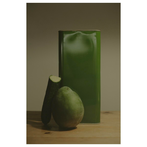 Stillleben eines hohen Kanisters aus grünem Blech. Davor ist stehend eine halbe Gurke und eine Mango drapiert. 