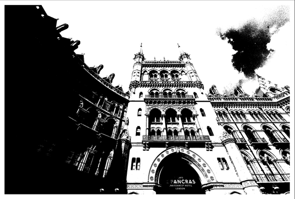 The St. Pancras Renaissance Hotel's monumental Gothic Revival exterior, elaborate stone carvings, vast turrets, pinnacles, viewed from below with the left side curving away from us up into the sky, but rendered entirely in full black or full white 2-bit