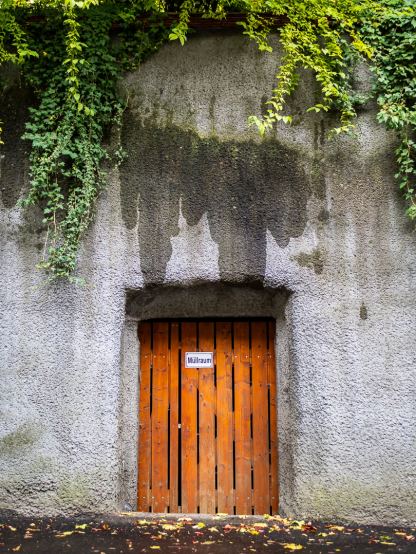 Eine Beton Wand, auf der von oben Blattwerk runter hängt, darunter feucht wirkende Flecke. 
Unten im Bild ein Stück Asphaltstraße mit Herbstlaub.
In der Wand eine Tür aus Holzbrettern. An der Tür ein Schild 'Müllraum'.