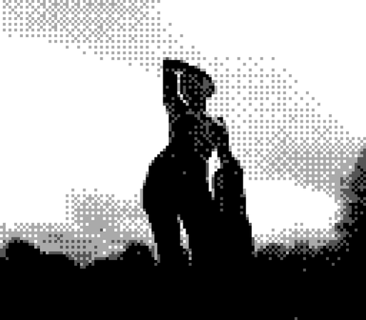 a photo taken with a Gameboy Camera shows the black and white silhouette of a statue of a woman with one arm stretched above her head, her hand resting on her head. 