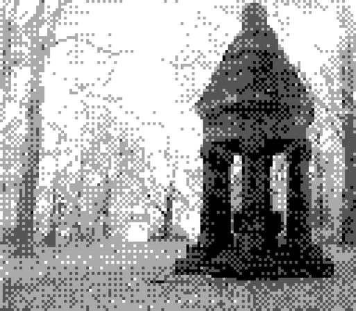 a photo taken with a Gameboy Camera shows the black and white image of a large ornamental building in a wooded park. the ornamental building features a small basin in the center. 