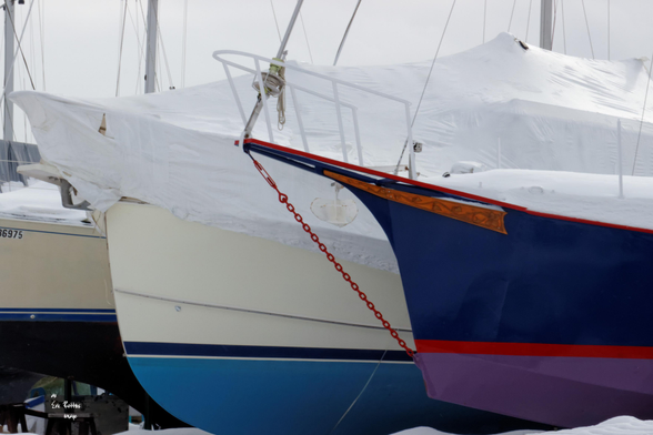 Three boats in their cradles overwintering in the pound. Two of the boats are primarily blue at the bottom with white upper parts showing, the third is purple at the keel, with a red stripe then dark blue above. The boats are wrapped in a plastic cover to keep the elements at bay over the winter.