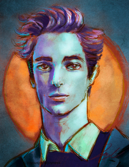 Painting of a young man with blue skin. Looking out at the viewer. Behind him is an orange circle. The artist's signature and @joyousjoyfuljoyness watermark are at the bottom.