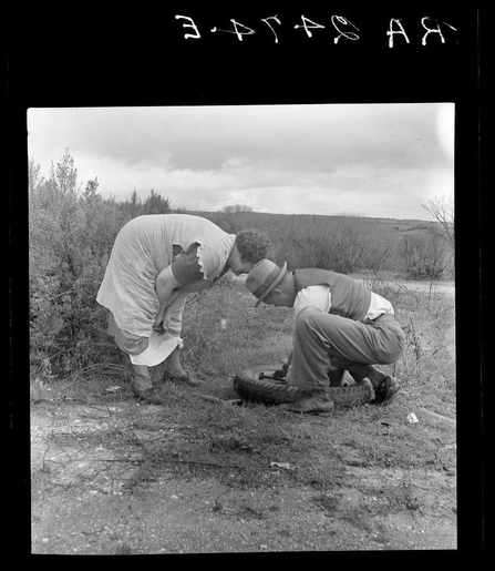 The image is a black and white photograph depicting two individuals in an outdoor setting, likely rural. They are both crouched over the front tire of what appears to be a vehicle that has been removed from its base or overturned on a grassy terrain with shrubs in the background.

On the left side stands a person wearing loose-fitting clothes; their attire suggests they may have come directly from work, possibly fieldwork given the context provided by the caption. This individual is bending over and appears to be inspecting something near the tire's wheel hub, potentially attempting repairs or checking for issues with the vehicle.

On the right side of the image crouches another person in more fitted clothing, including a long-sleeved shirt and trousers; this attire suggests they may have come prepared for work but not necessarily fieldwork. They are also focused on something near the tire's hub, possibly assisting or observing what their counterpart is doing.

The environment looks overcast with no direct sunlight visible, which could indicate an early morning time frame common in migratory labor scenarios to avoid extreme temperatures of midday heat when working outdoors.

Atop the photograph runs a series of inverted letters and numbers "E.4.FTR.A.H", likely indicating metadata or part of a cataloging system for Dorothea Lange's photographic work, which was documented  [...]
