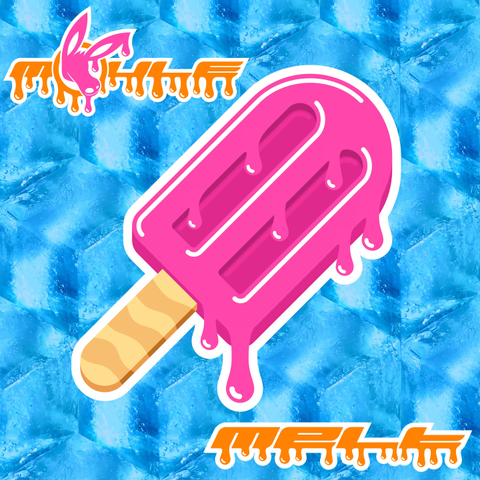 The cover art of my new release "MELT", showing a melting pink ice cream on a wooden stick in front of a tiled hexagonal ice cube background.

The MOULE logo and the word "MELT", both spelt in an orange extended Y2K-style typeface and outlined in white, also have drip effects.