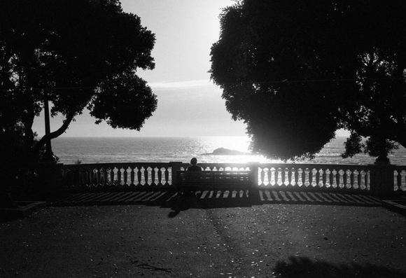 A lone person sits on a bench overlooking a tranquil ocean view, framed by trees. The scene is captured in black and white, emphasizing the serene atmosphere as sunlight reflects on the water.